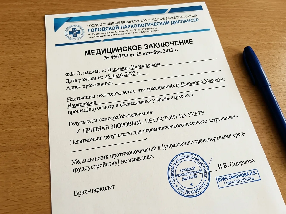 Сертификат врача-нарколога с печатью медицинской организации, официальный бланк, синие детали
